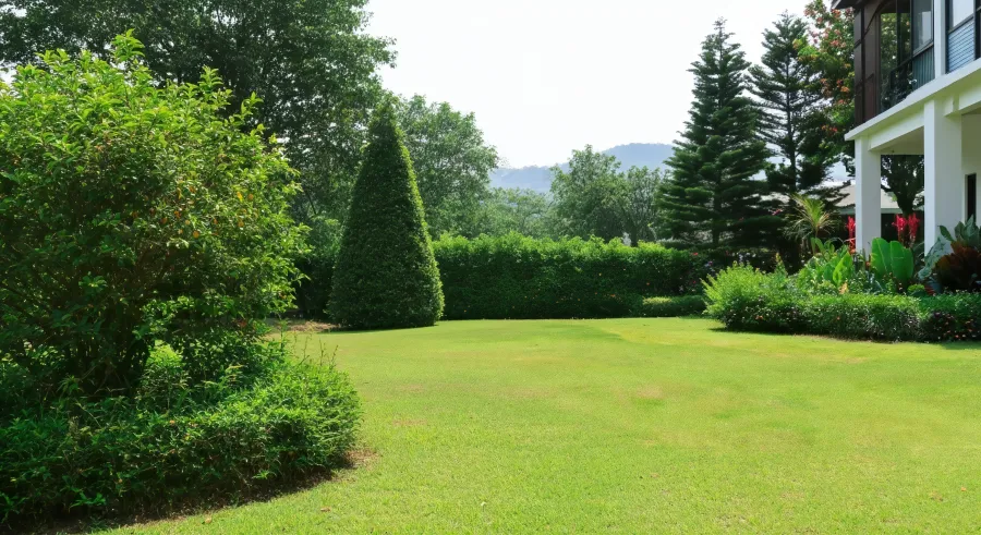 tree pruning guide tips ankeny ia Lush green lawn with manicured bushes evergreen trees and part of a modern white house